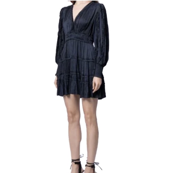ULLA JOHNSON Gemma Satin Like Mini Dress V Neck Bishop Sleeve Midnight Blue - Picture 10 of 14